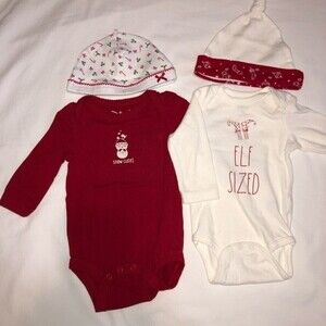 Rae Dunn and Other Christmas Baby One Piece Hat Holiday Bundle 3-6mths